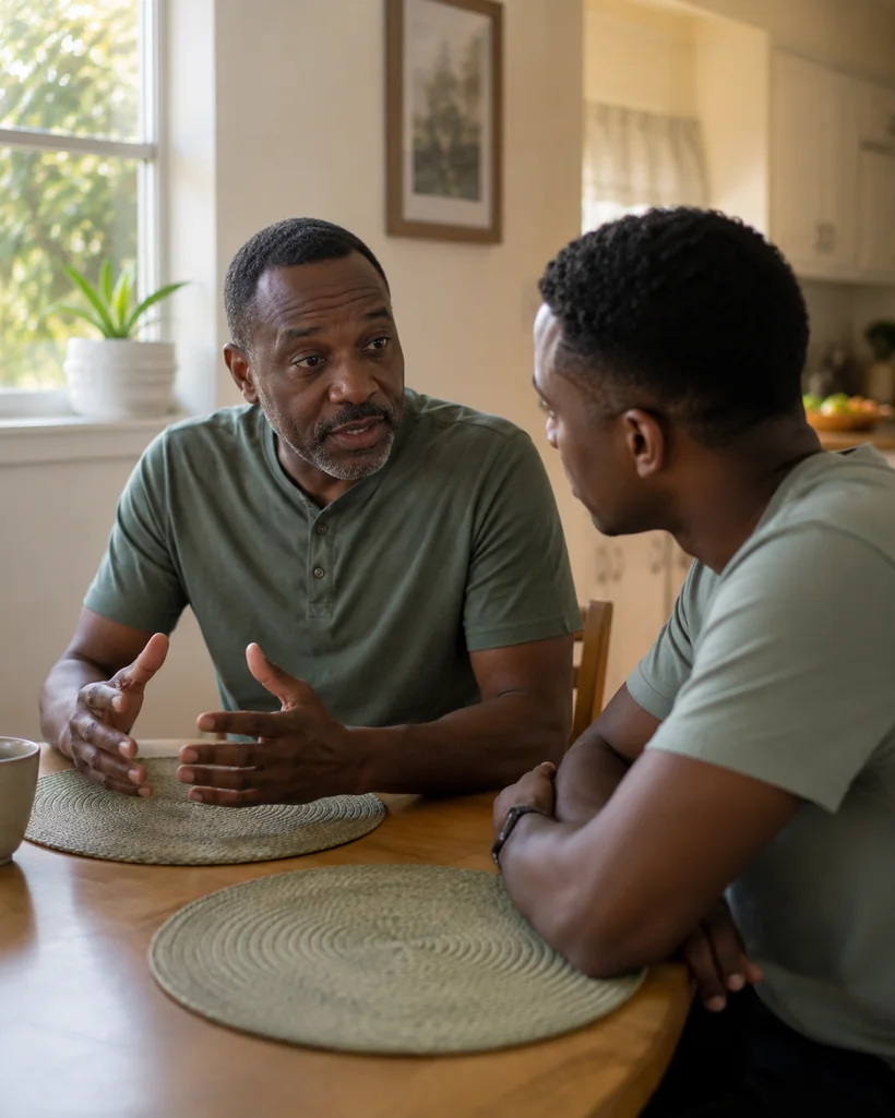 Two family members of different generations talking quietly across a kitchen table in warm daylight.