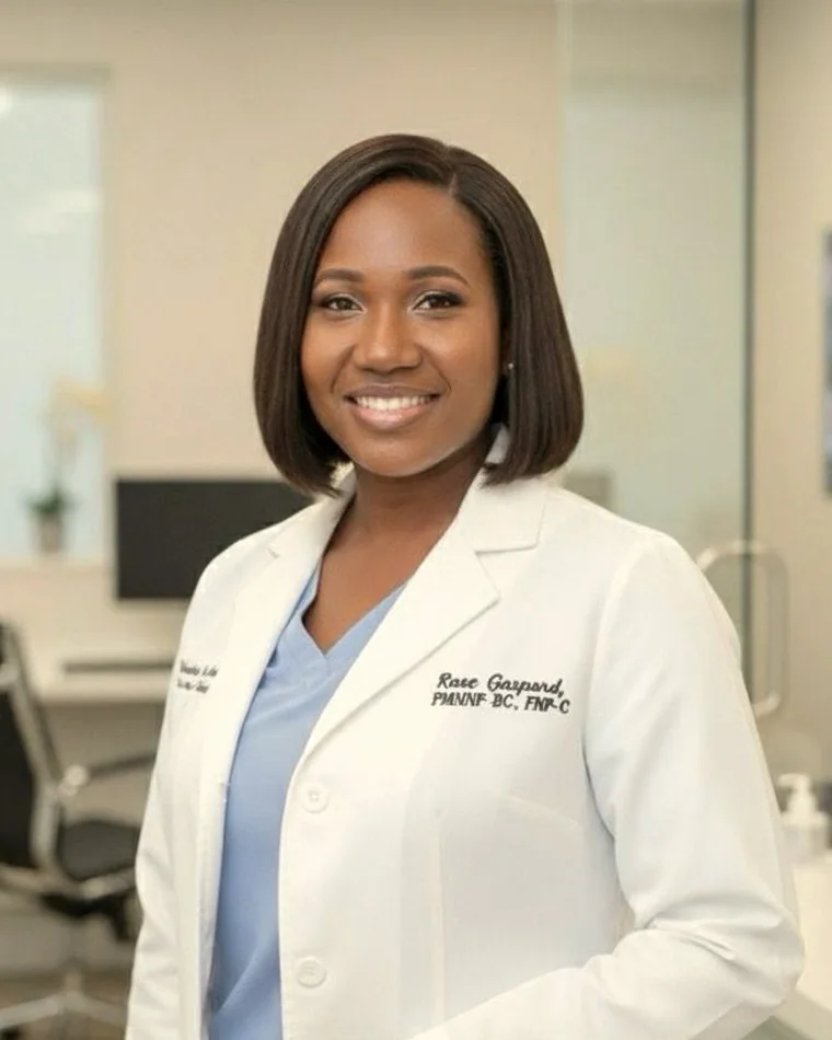 Rose Gaspard, PMHNP-BC, seated in a three-quarter view in a calm, neutral clinical setting.