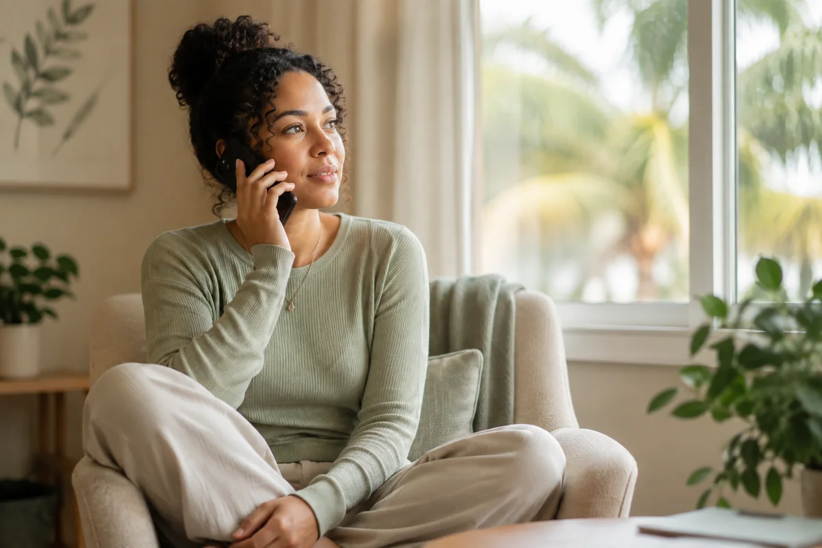 A person on a phone call in a bright room with palm trees visible through the window.