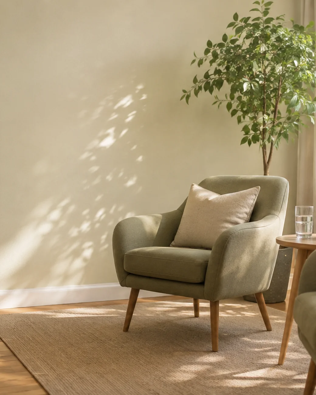 A calm, sunlit room with a sage armchair and a leafy plant, set up for a private video visit.