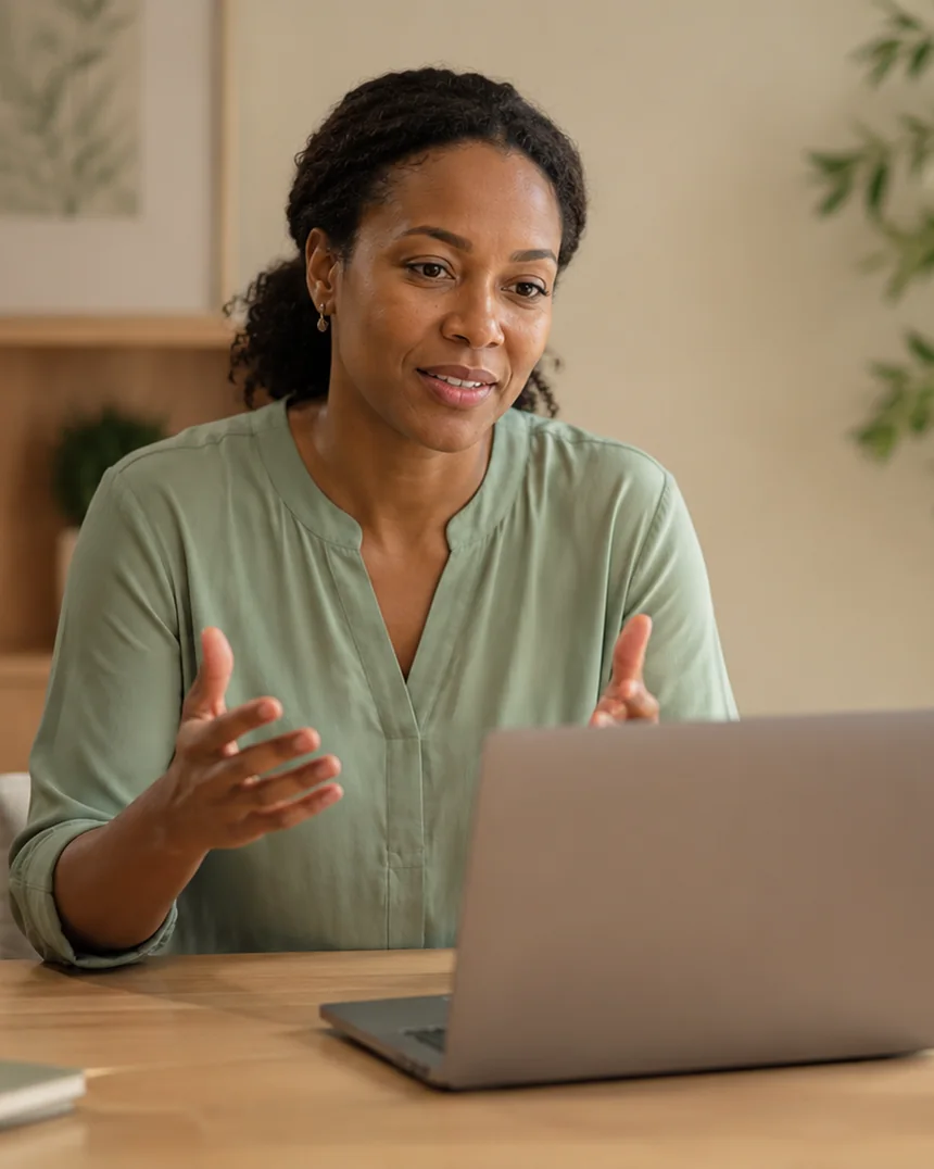 A woman on a warm-lit video call at a laptop in a home office, mid-conversation.